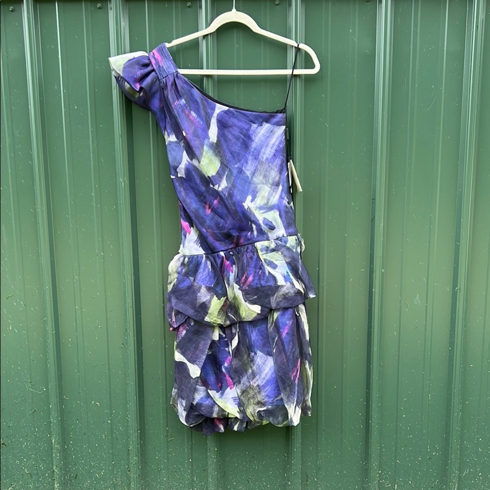 GIORGIO ARMANI Blue and Purple Asymmetrical Ruched Cocktail Dress